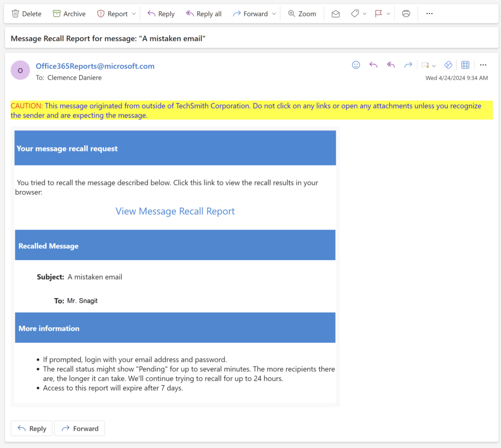 Microsoft Outlook-Rückrufberichtsnachricht, die entweder Erfolg oder Misserfolg des Rückrufs meldet.