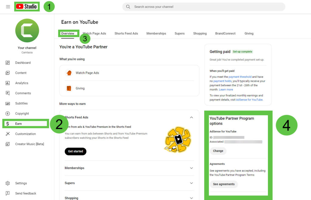 Kroki aktywacji AdSense w YouTube Studio
