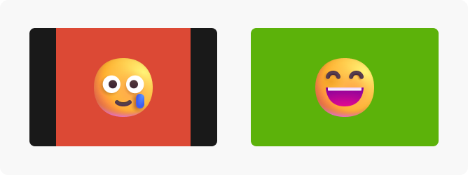 Illustration comparant un mauvais rapport hauteur/largeur vidéo avec des barres noires (à gauche) et un rapport hauteur/largeur plein écran correct (à droite) à l'aide d'émojis souriants.