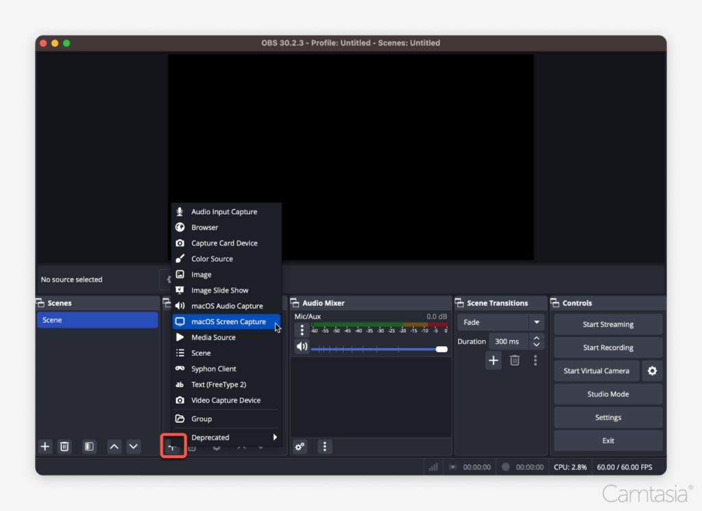 Наведите указатель мыши на опцию «Снимок экрана macOS» в OBS Studio.
