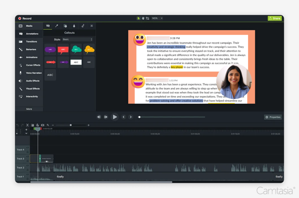 Captură de ecran a interfeței Camtasia cu instrumente de editare, o previzualizare video cu adnotări text despre un coechipier pe nume Jen și o cronologie în partea de jos.