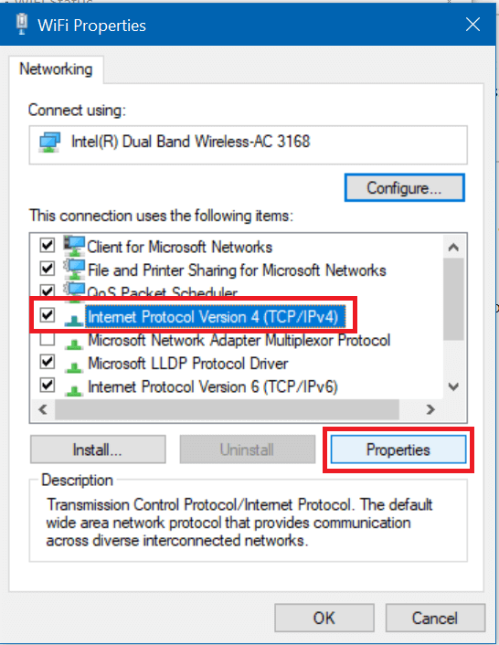 İnternet Protokolü Sürüm 4'ü (TCPIPv4) seçin ve tekrar Özellikler düğmesine tıklayın.
