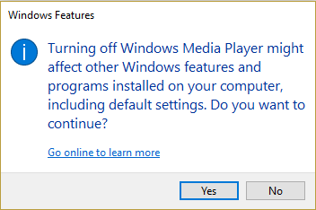 Klik Ya untuk menghapus instalasi Windows Media Player 12