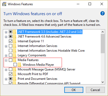 hapus centang Windows Media Player di bawah Fitur Media