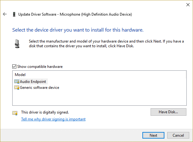 Выберите Audio Endpoint Drivers из списка и нажмите «Далее».