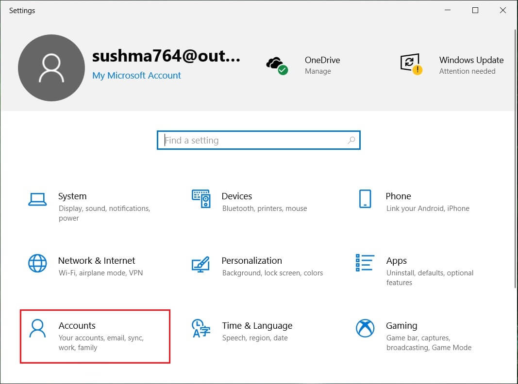 Откройте настройки Windows и нажмите «Учетная запись».